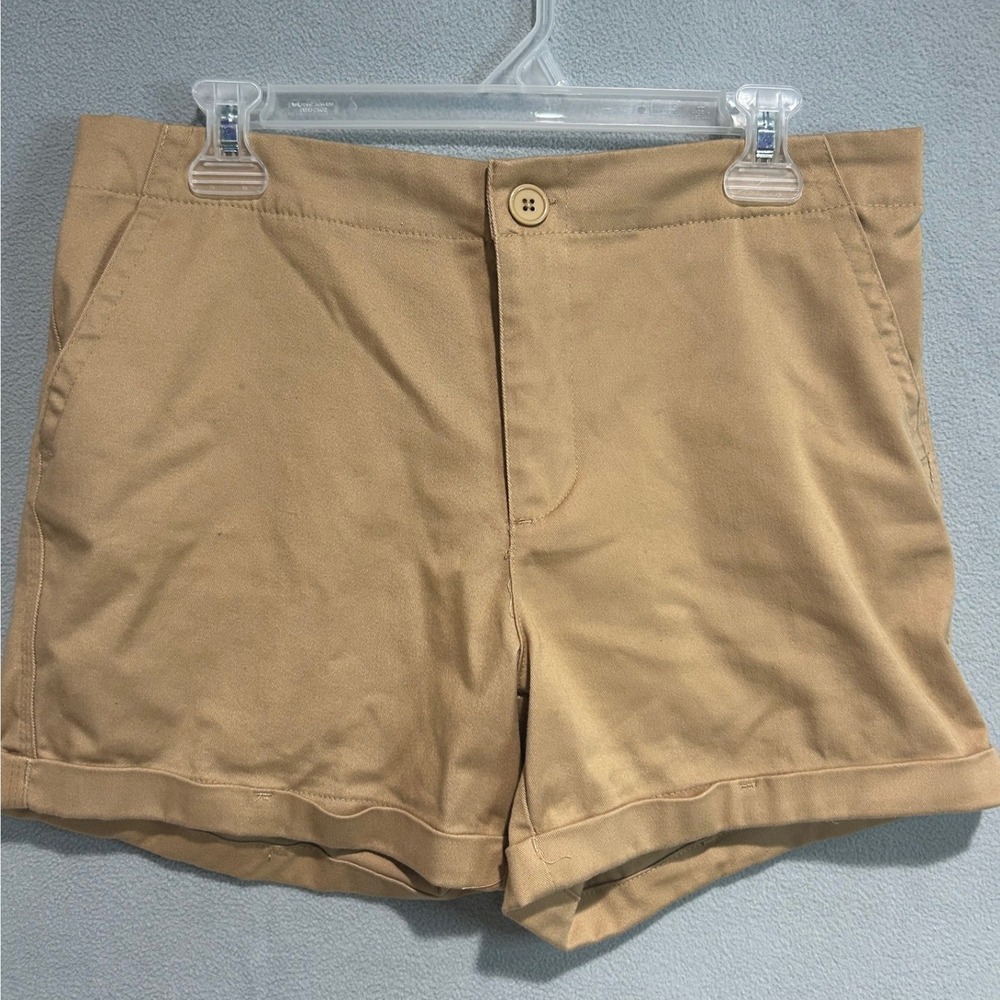 Just Be Chino Shorts Womens Medium Khaki Tan Cotton Spandex Cuffed Elastic Back